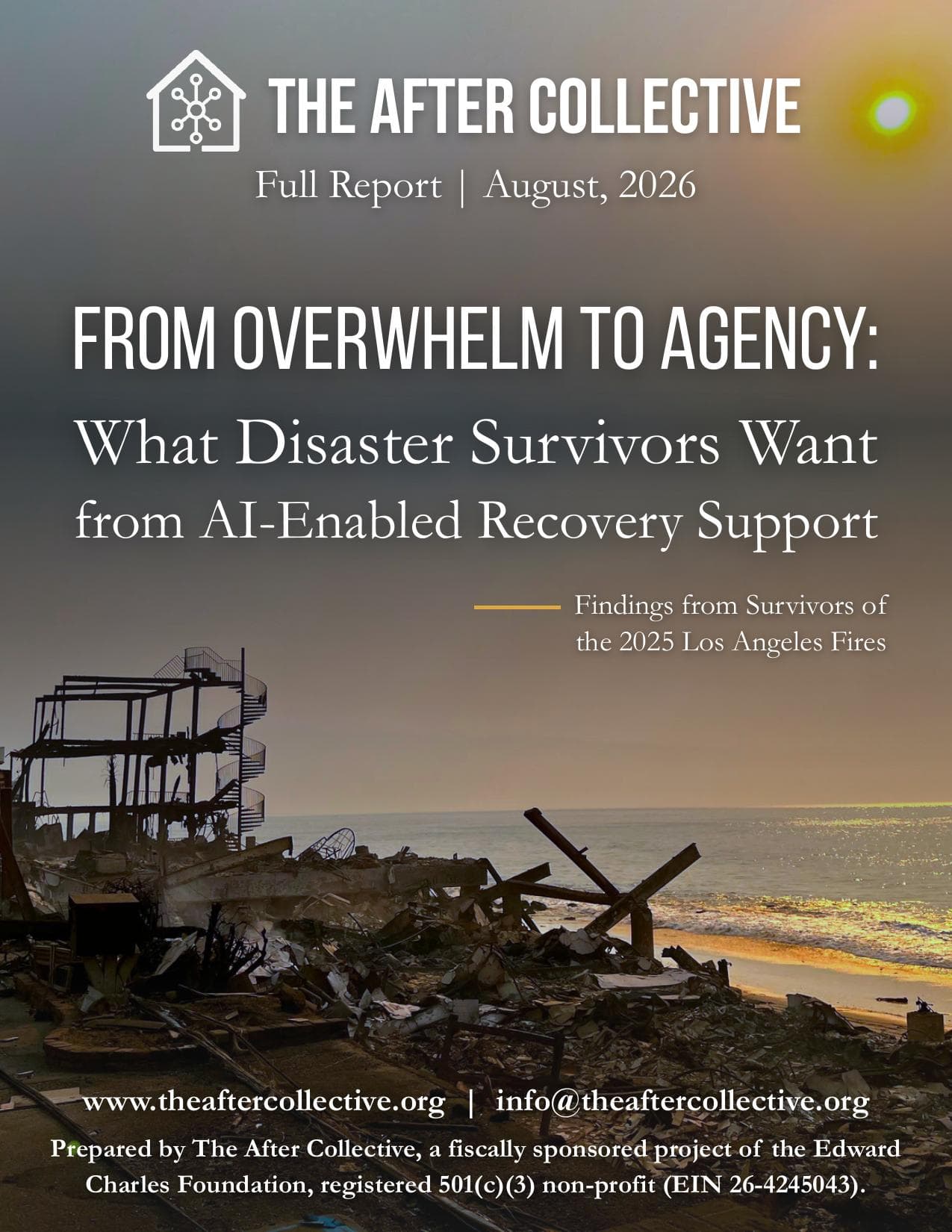 Full report cover for From Overwhelm to Agency, featuring coastal debris and a destroyed building from the 2025 Los Angeles fires under a smoky sky.